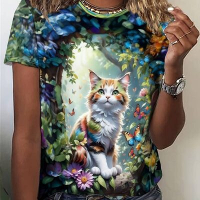 Cat & Floral Print Crew Neck T-Shirt